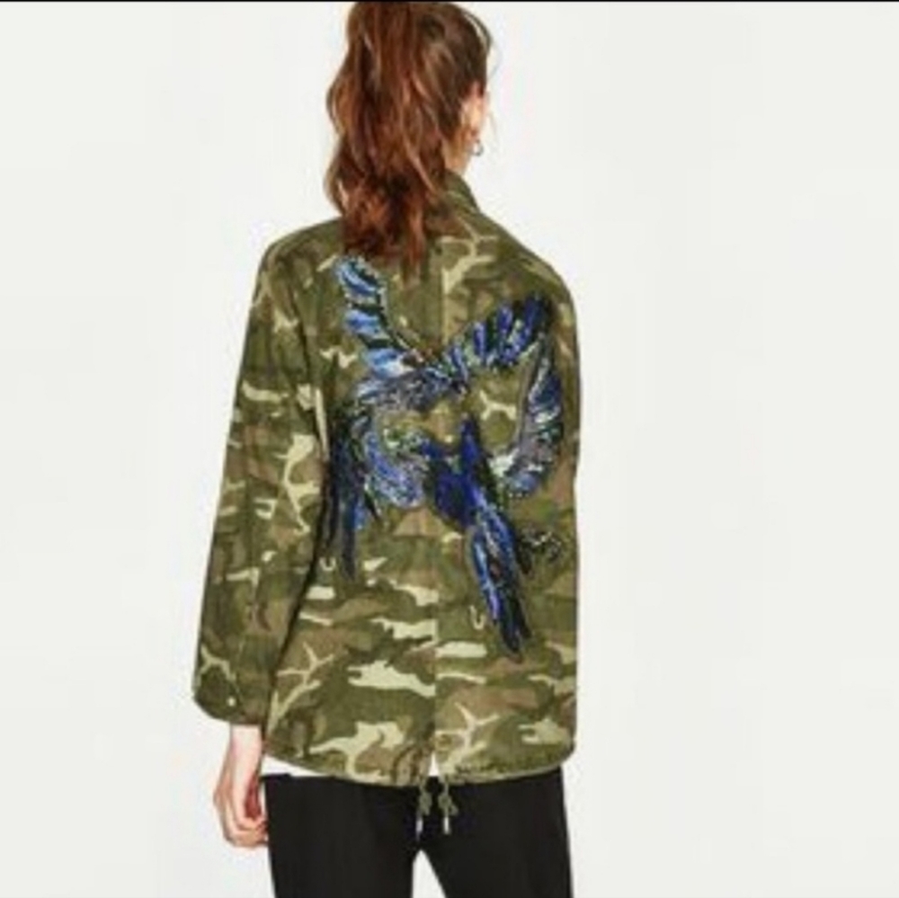 ZARA Camo Sequin Beaded Birds Jacket